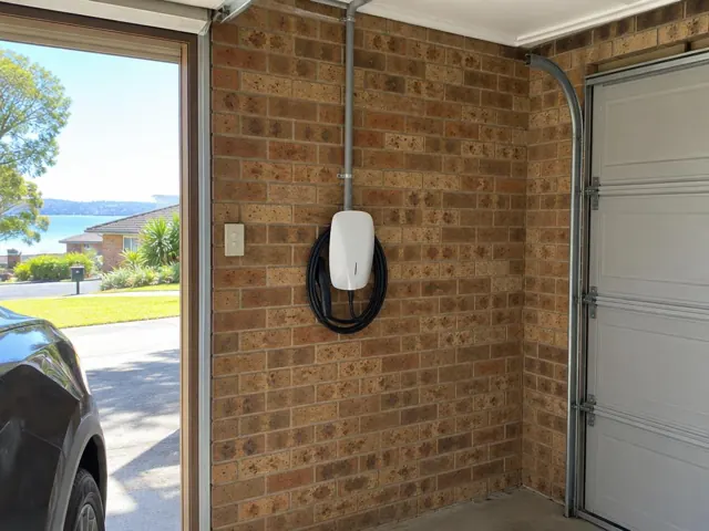 Wall-mounted EV charger on a brick garage wall beside a roller door in Toukley